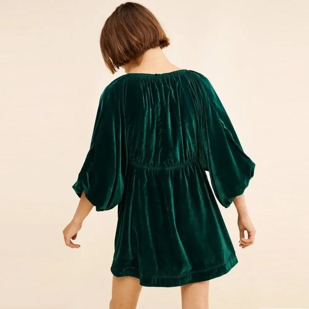 NWOT Free People Portia Velvet Mini Dress Ruched Balloon Sleeves Emerald Sz S